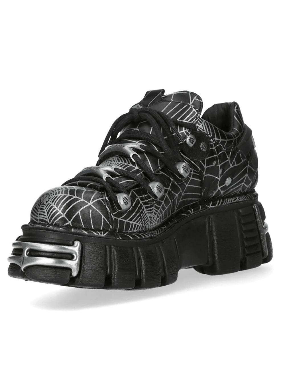NEW ROCK Men's Spiderweb Platform Shoes with Metal Toe featuring bold spiderweb graphics and chunky sole.