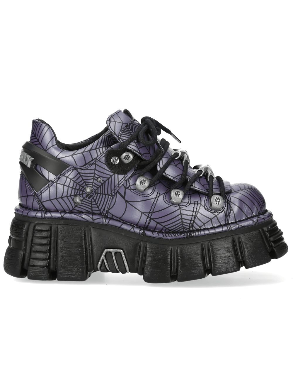 NEW ROCK Men's Spiderweb Shoes with Chunky Platform Soles featuring purple web print and black chunky soles.