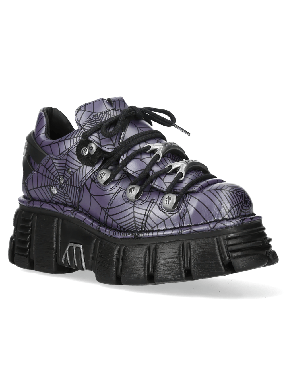 NEW ROCK Men's Spiderweb Shoes with Chunky Platform Soles featuring a purple spiderweb print and black chunky soles.