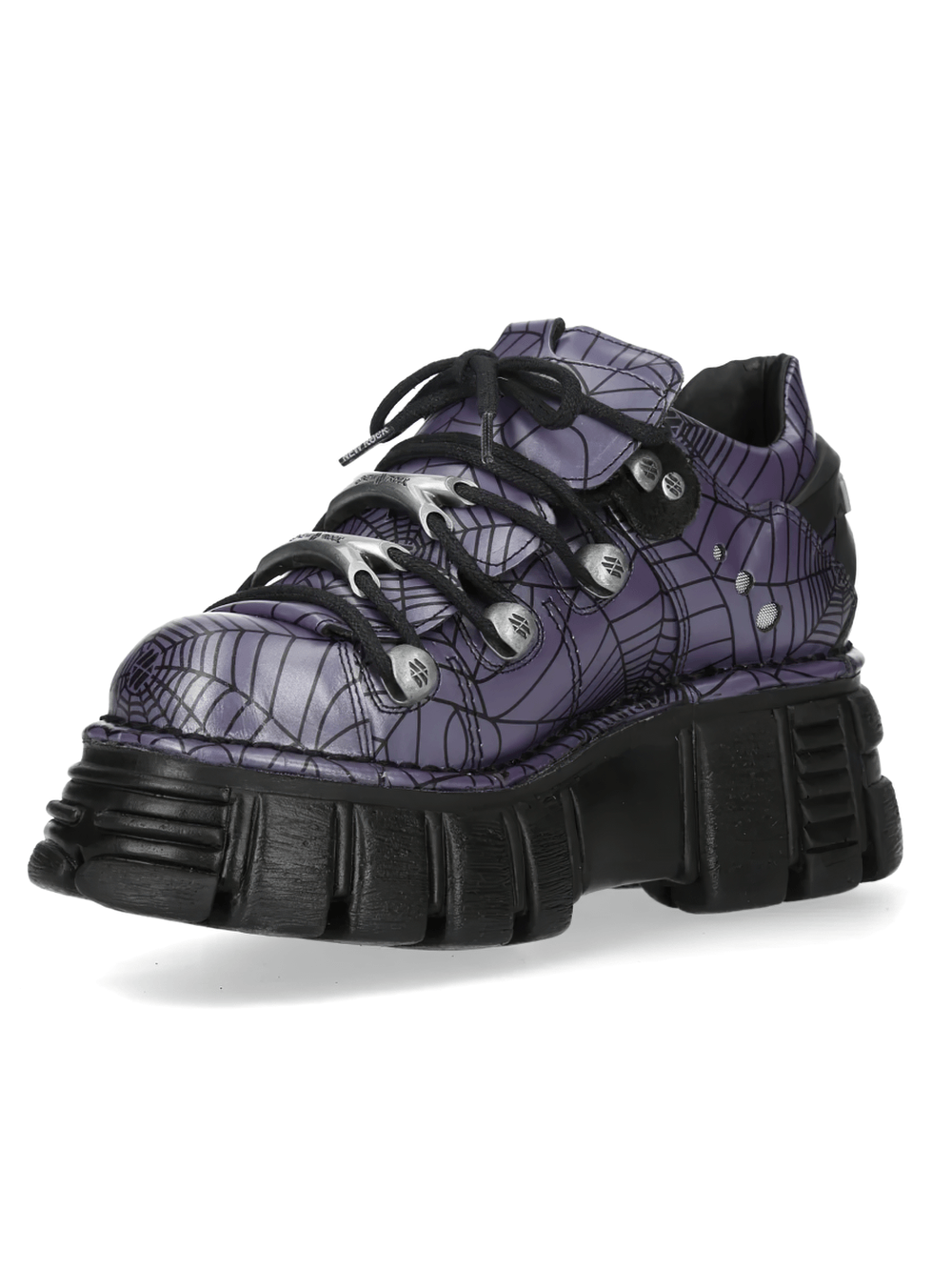 NEW ROCK Men's Spiderweb Shoes with Chunky Platform Soles in purple and black with spiderweb print and chunky soles.