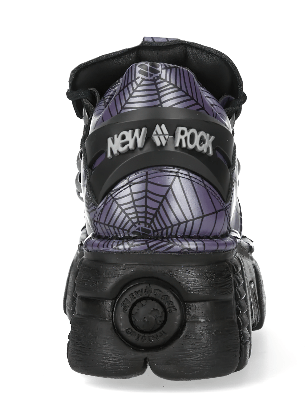 NEW ROCK Men's Spiderweb Shoes with Chunky Platform Soles in purple and black spiderweb design from the back.