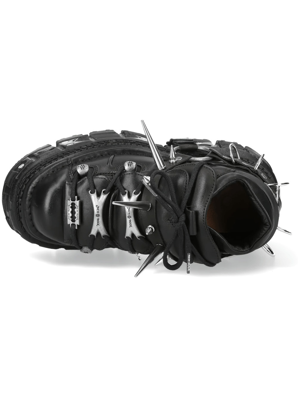 NEW ROCK Men's Spike Platform Ankle Boots with Ring Hardware featuring sharp spikes and buckles in black metallic.