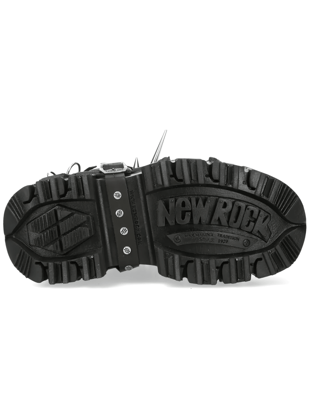 Bottom view of NEW ROCK Men's Spike Platform Ankle Boots with Ring Hardware showcasing the rugged sole and spike accents.