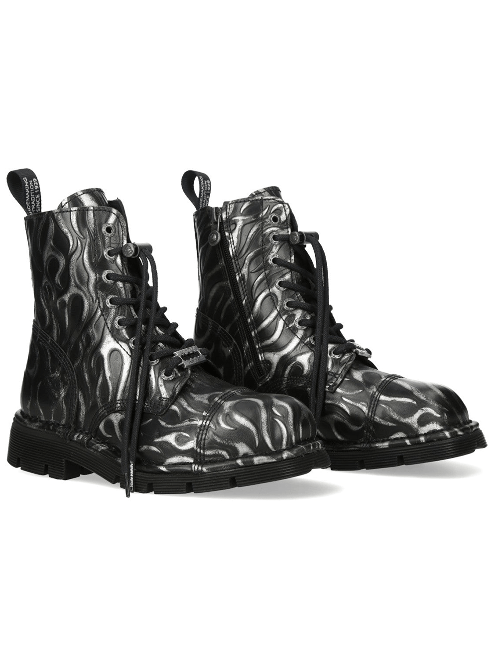 NEW ROCK Men's Steel Fire Punk Lace Up Ankle Boots with metallic flame design and lug soles