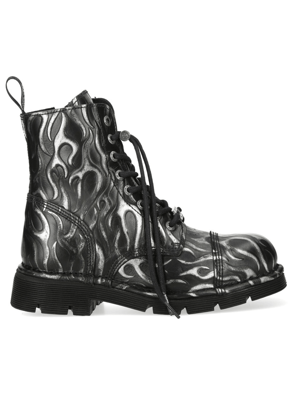 NEW ROCK Men's Steel Fire Punk Lace Up Ankle Boots with metallic flame design and rugged sole