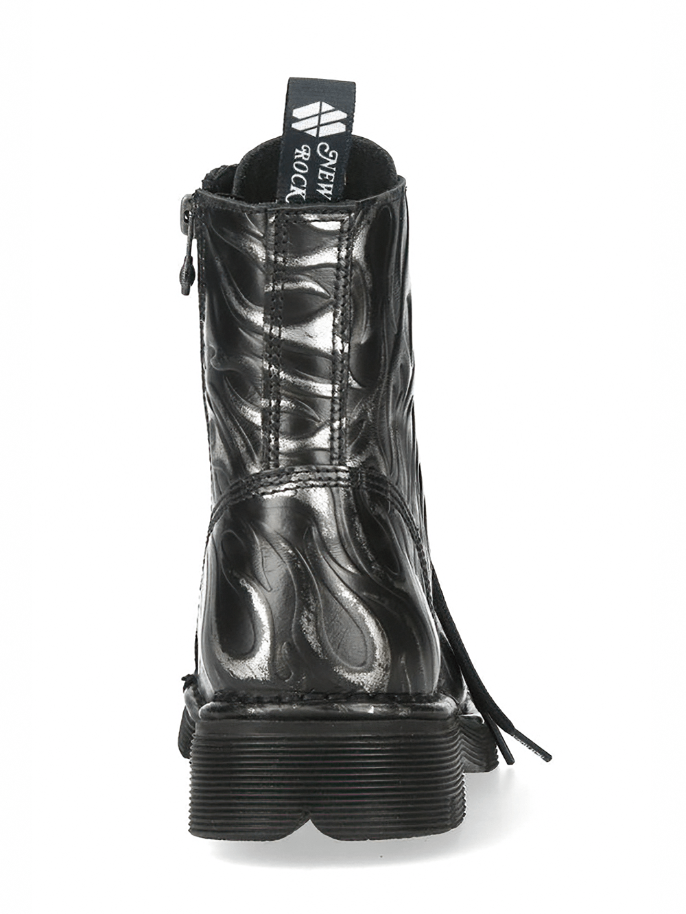 NEW ROCK Men's Steel Fire Punk Lace Up Ankle Boots with metallic flame design and side zipper.