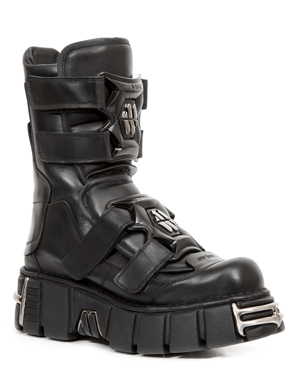 NEW ROCK Men's Strap Platform Boots with Metal Toe Plates featuring chunky sole and silver armor hardware.
