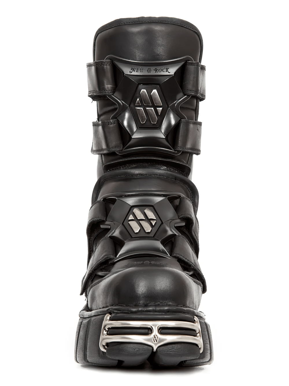 NEW ROCK Men's Strap Platform Boots with Metal Toe Plates showcasing a sleek black design and silver hardware accents.