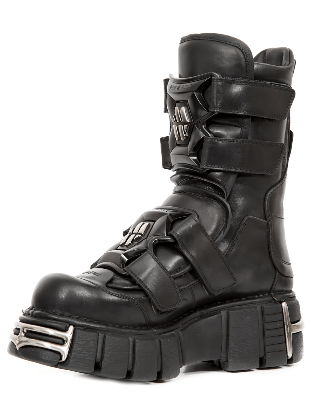 NEW ROCK Men's Strap Platform Boots with Metal Toe Plates featuring chunky sole and silver armor hardware