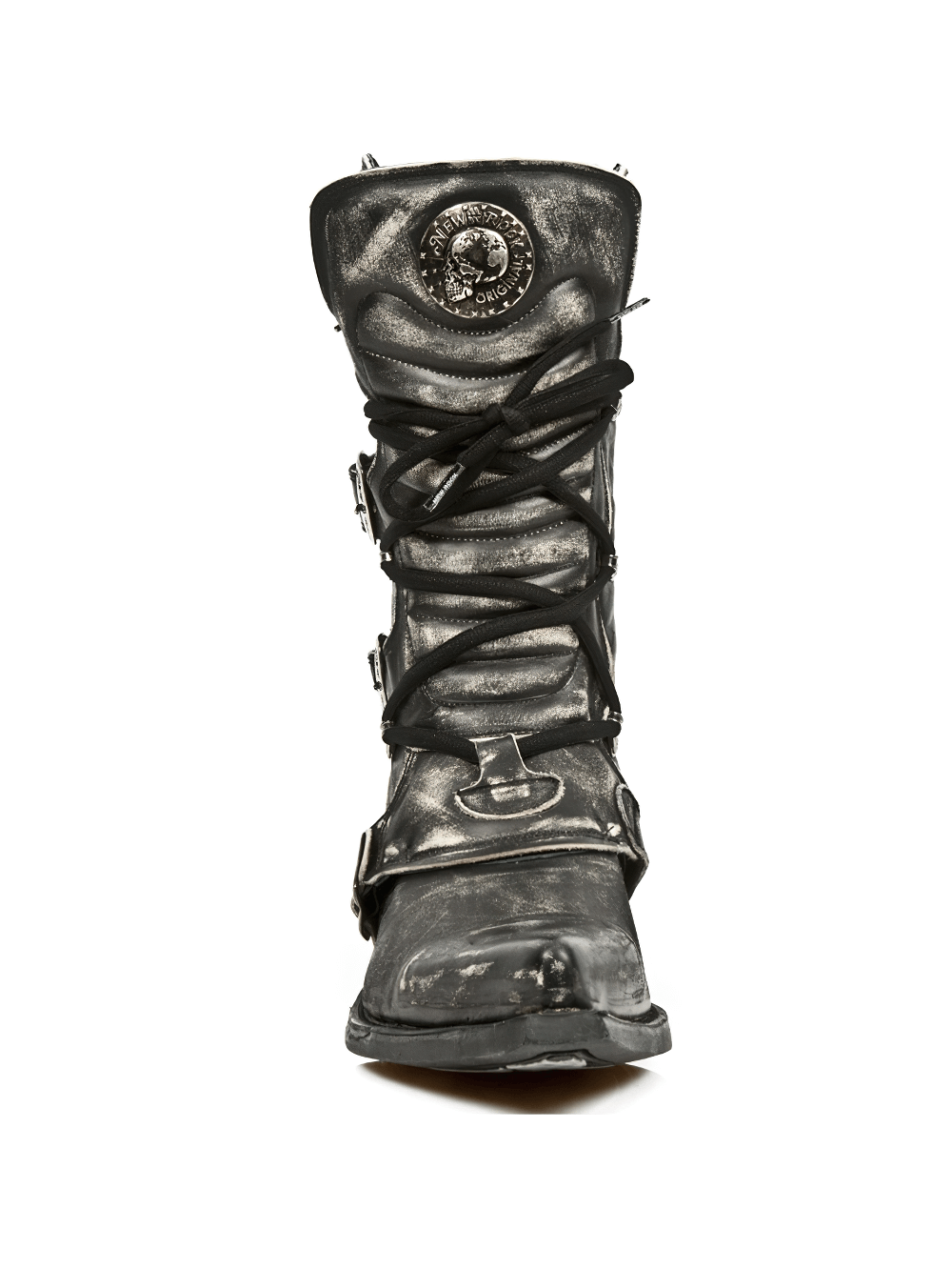 Front view of NEW ROCK Men's Urban Black Leather Buckle Boot with laces and decorative emblem.