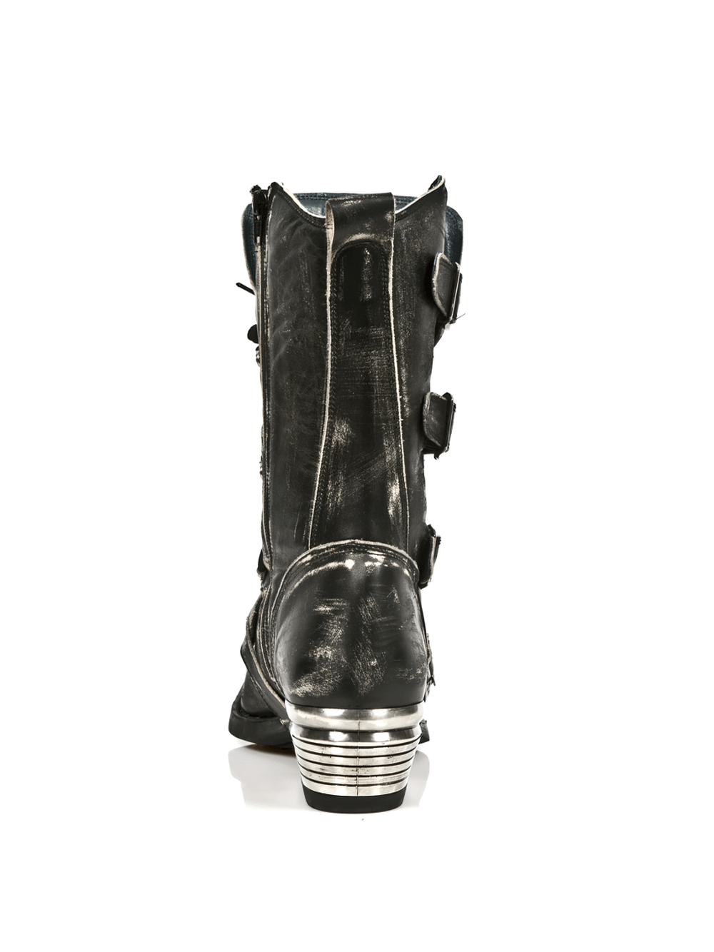 Back view of NEW ROCK Men's Urban Black Leather Buckle Boots with stylish buckles and unique silver heel detail.