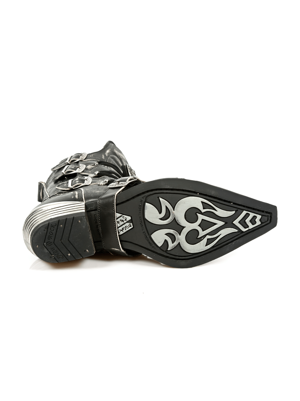 Sleek black leather men's buckle boots showcasing rugged sole design with intricate detailing and premium quality craftsmanship.