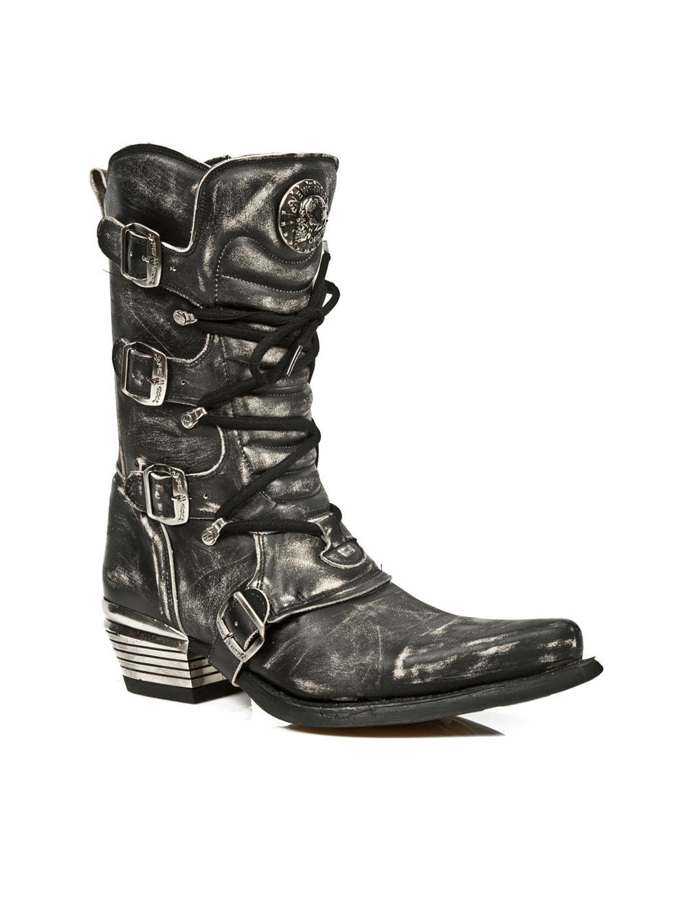 Stylish Newrock Men's Urban Black Leather Buckle Boot featuring rugged design and multiple buckles.