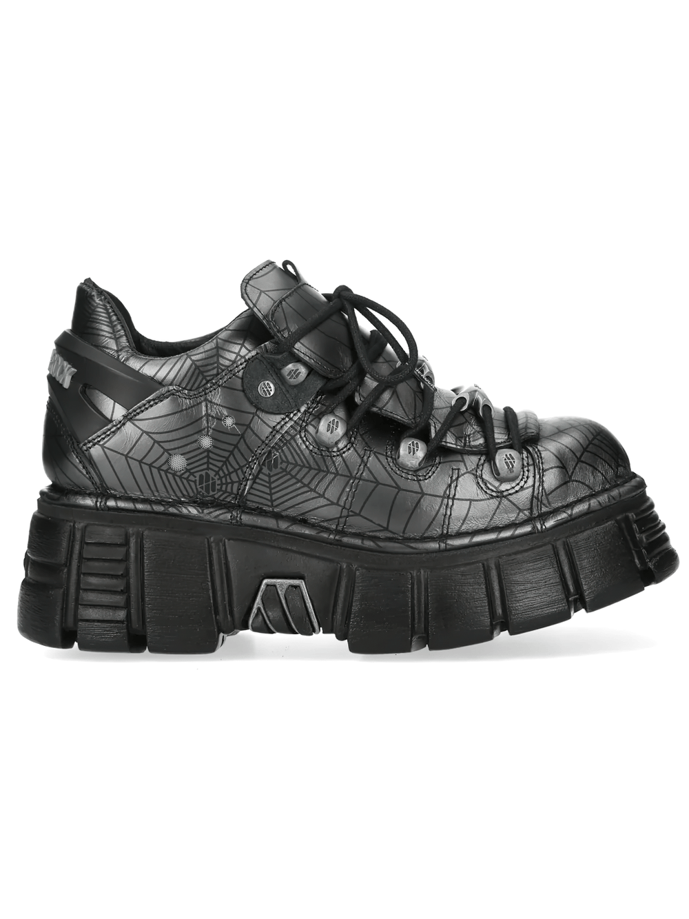 NEW ROCK Men's Web Print Low Shoes with Silver Plates featuring industrial spiderweb design and chunky tread sole.