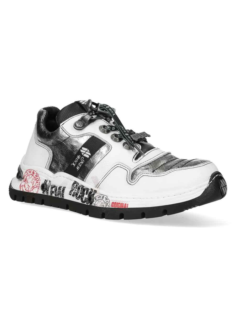 NEW ROCK Men's White Alternative Rock Low-Top Shoes showcasing punk streetwear style with utility eyelets and graphic laces.