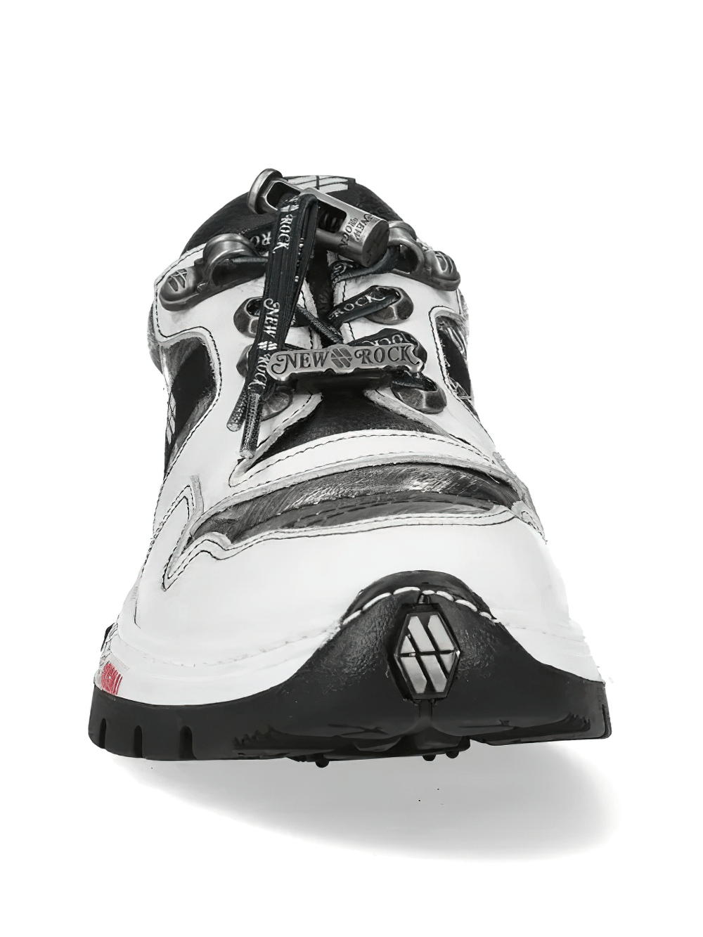 NEW ROCK Men's White Alternative Rock Low-Top Shoes with rugged design and metallic accents.