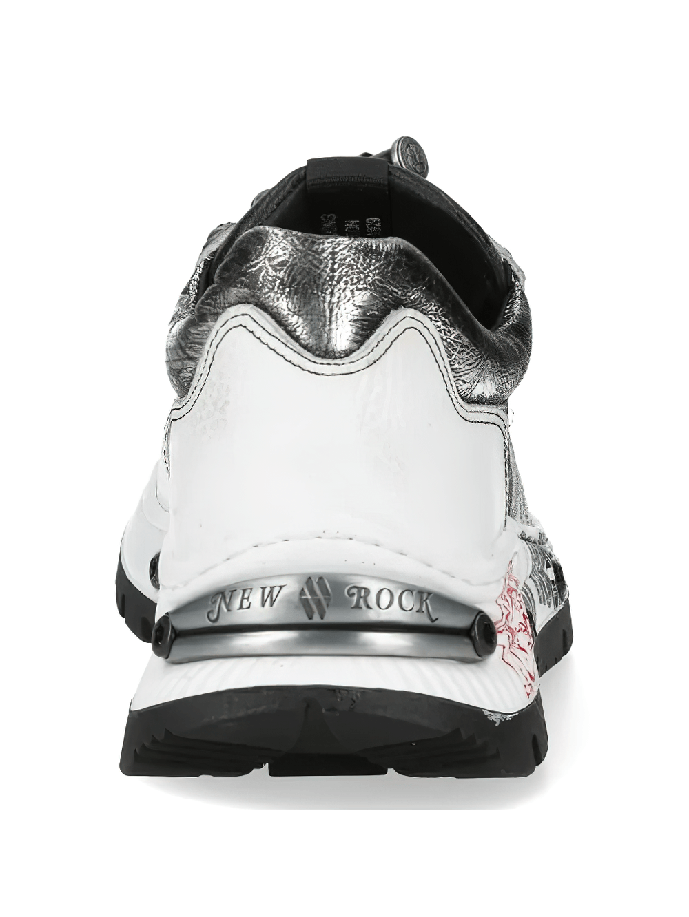 NEW ROCK Men's White Alternative Rock Low-Top Shoes back view showcasing metallic silver details and rugged tread.