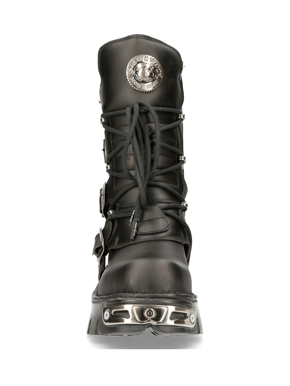 Front view of NEW ROCK men's black lace-up boots with metallic accents and buckles, perfect for urban punk style.