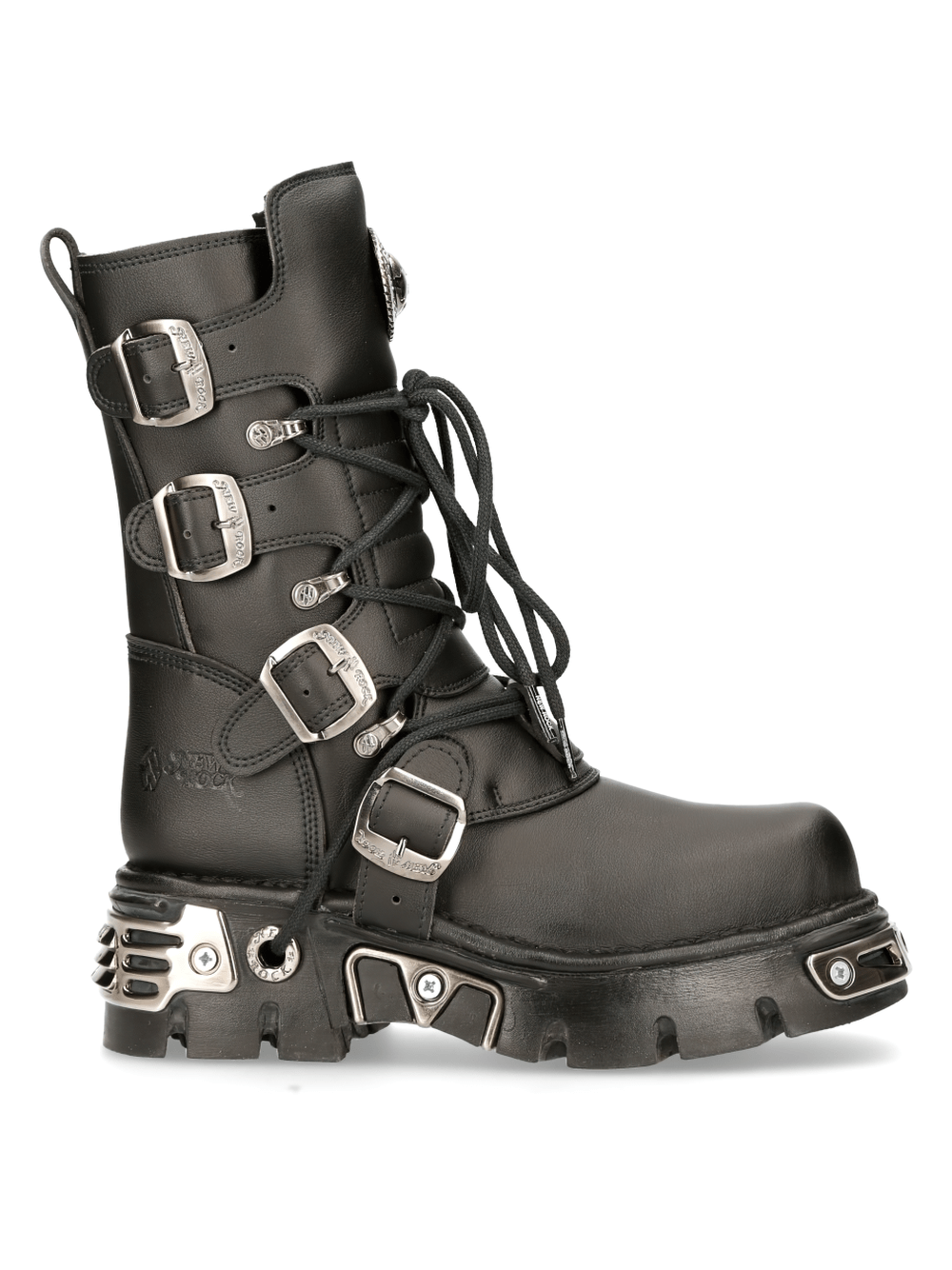 NEW ROCK Men's metallic accented urban lace-up boots with buckles, eco-vegan microfiber, and bold black design.
