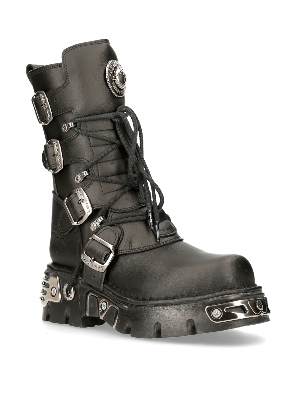 NEW ROCK Men's Black Buckled Urban Lace-Up Boots from the METALLIC COLLECTION, featuring eco-friendly materials.