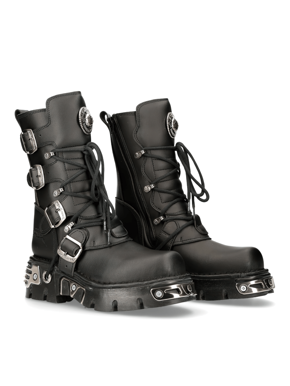 NEW ROCK Men's Urban Punk Black Buckled Lace-Up Boots with metallic accents and eco-vegan materials.