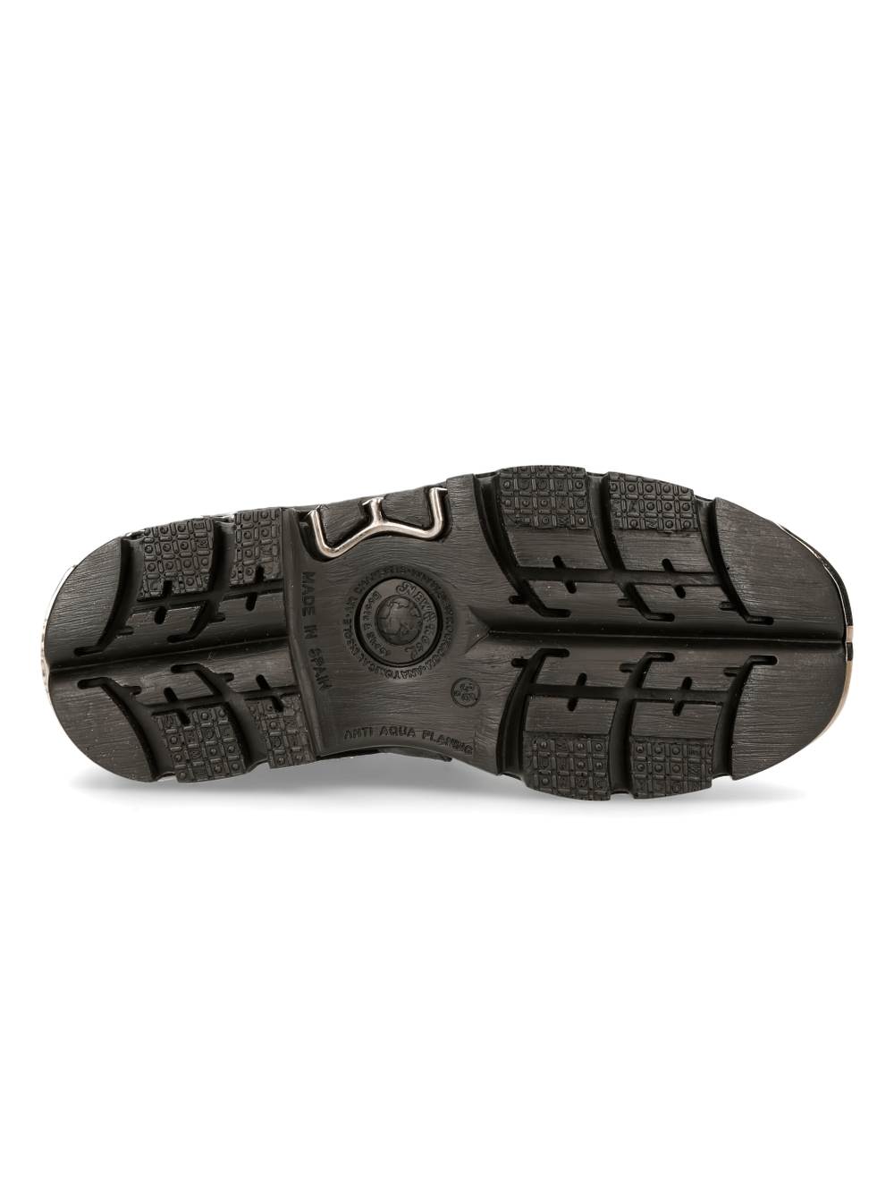 Bottom view of NEW ROCK Men's Metallic Accented Urban Lace-Up Boots, showcasing rugged rubber sole design.