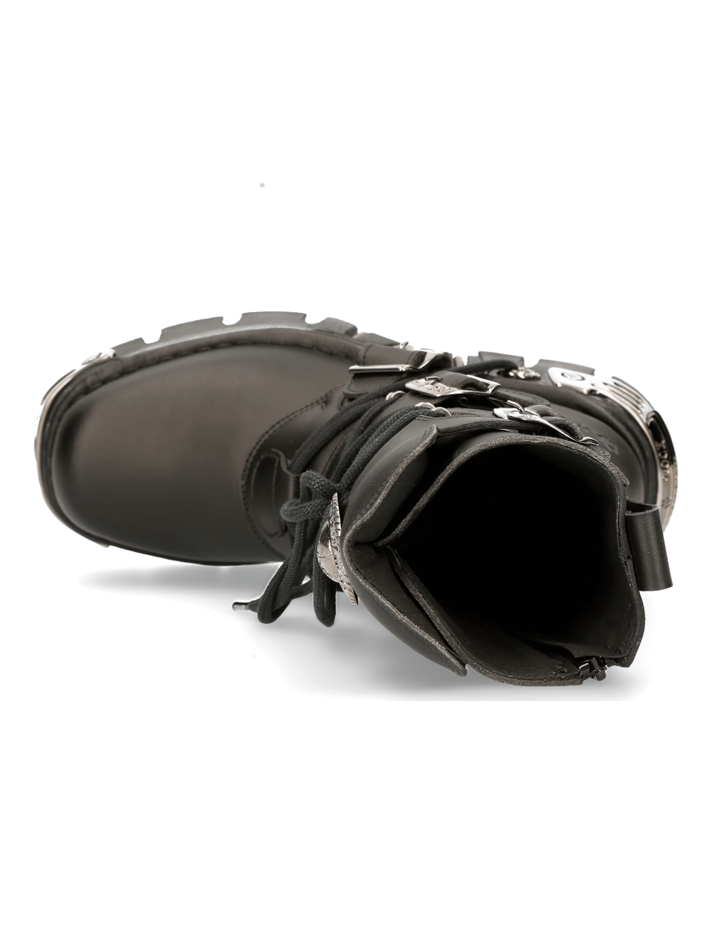 NEW ROCK Men's Urban Punk Rock Black Buckled Boots with metallic accents and lace-up detail.