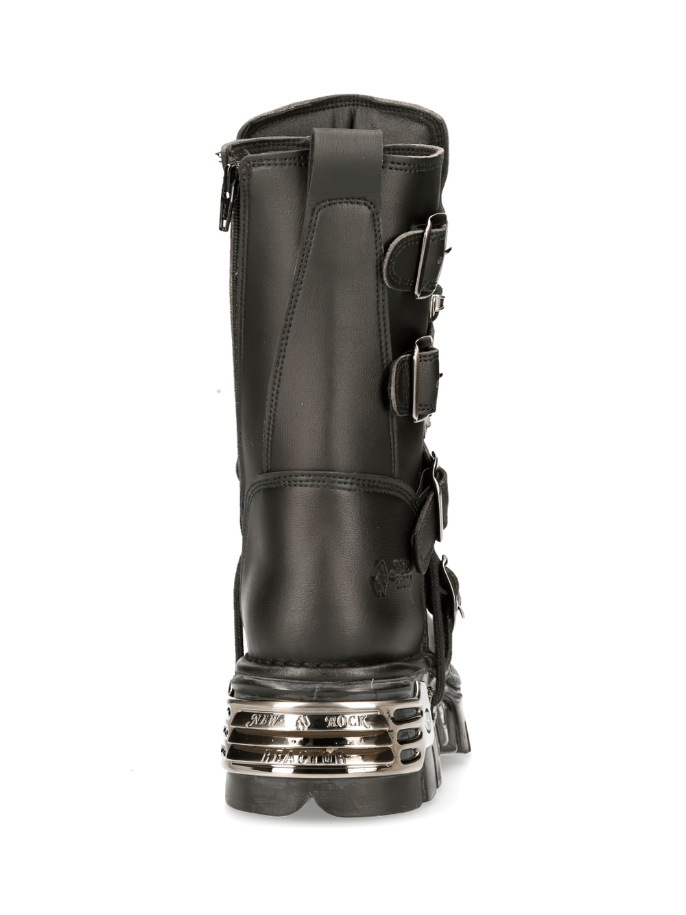 Back view of NEW ROCK Men's Metallic Accented Urban Lace-Up Boots with buckles and shiny heel detail in black.