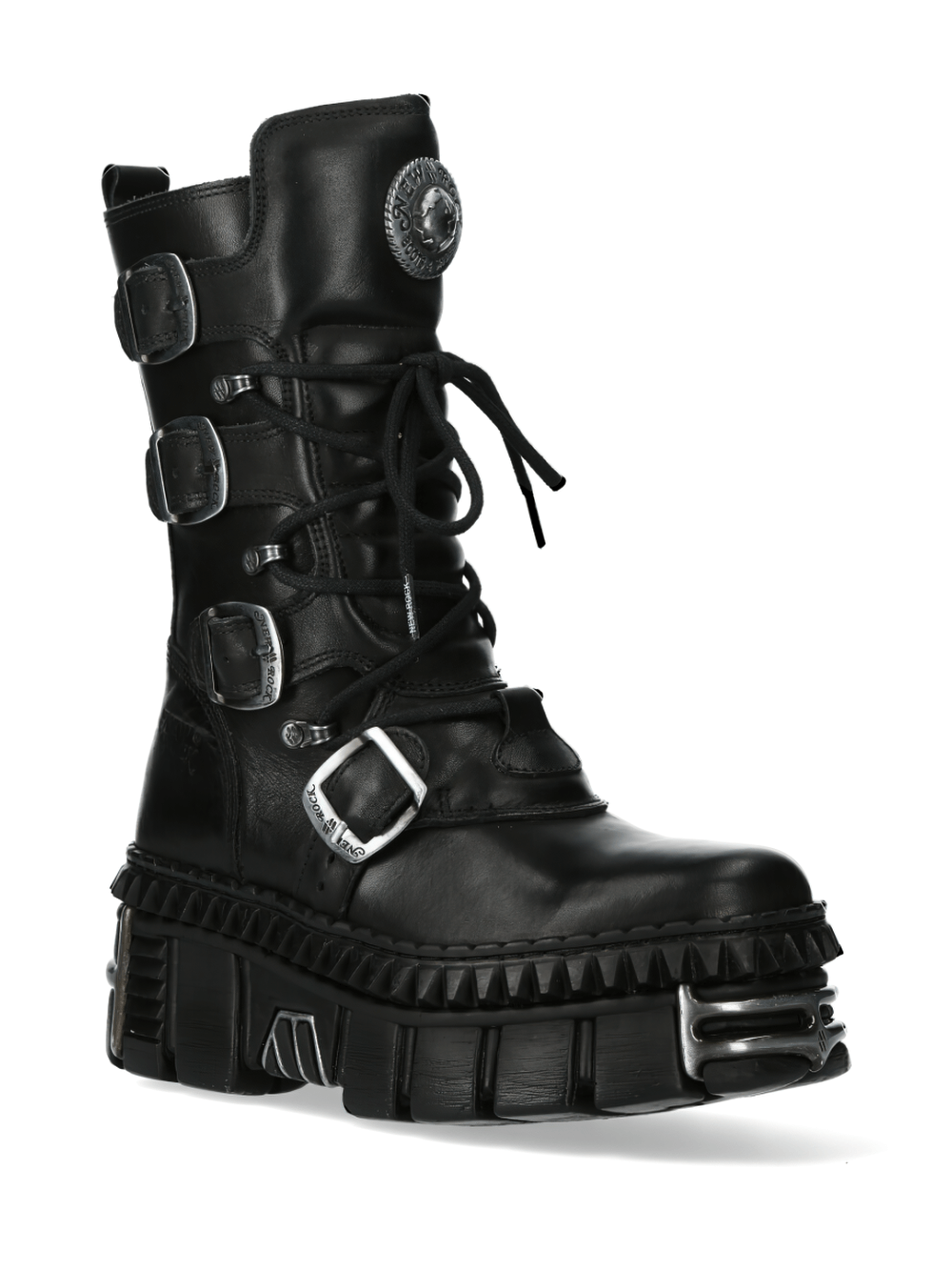 NEW ROCK Metallic Buckle Lace-Up Platform Boots in black leather for punk rock style.