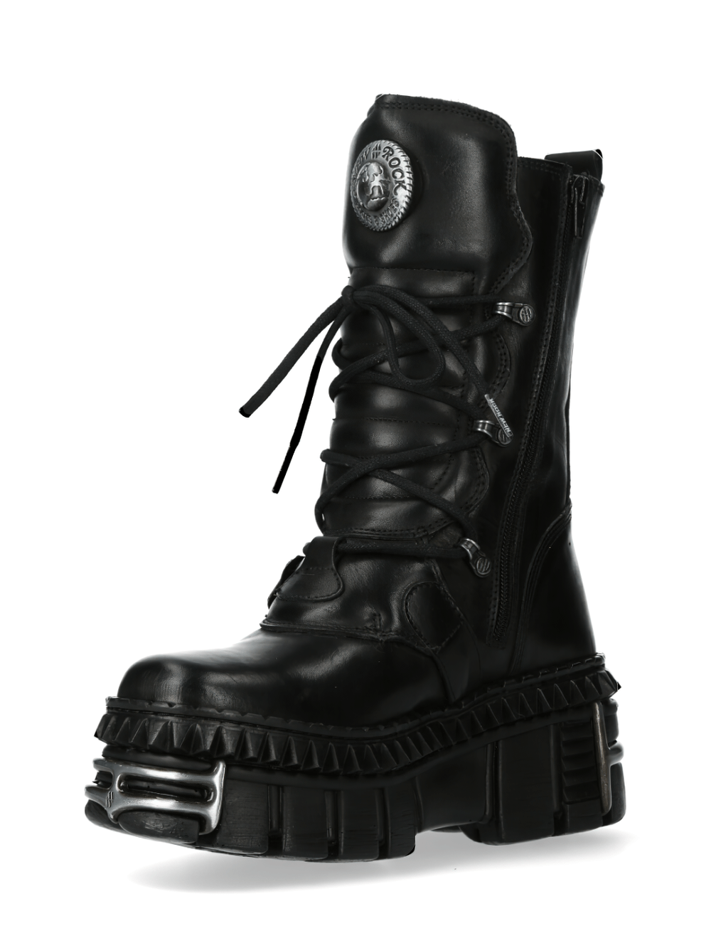 New Rock metallic buckle lace-up platform boots in black leather, bold punk rock style with chunky soles and edgy design.