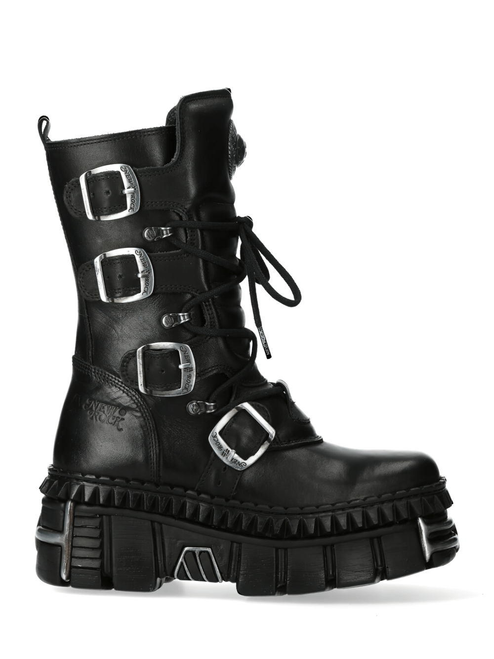 NEW ROCK Metallic Buckle Lace-Up Platform Boots in black leather, featuring chunky soles and striking buckle details.