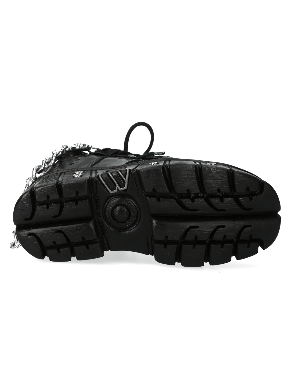 Bottom view of NEW ROCK Metallic Chain-Link Punk Ankle Boots showcasing durable tread and edgy design.