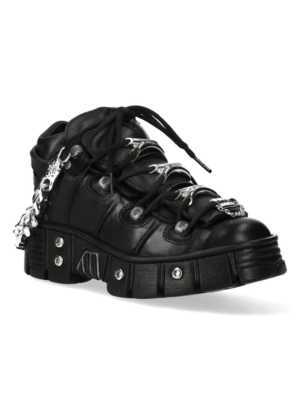 NEW ROCK metallic chain-link punk ankle boots with bold metal accents in black leather.