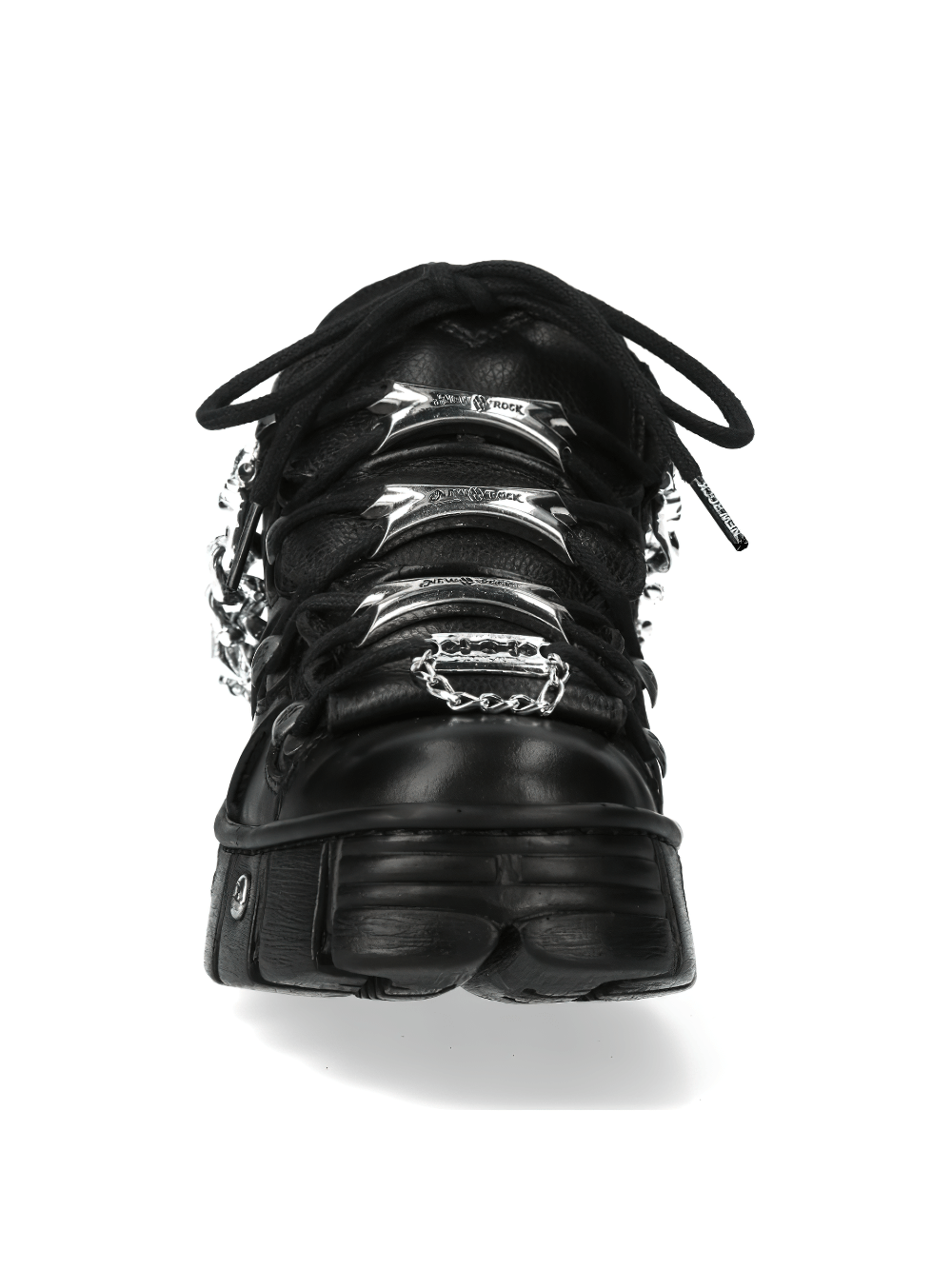 NEW ROCK Metallic Chain-Link Punk Ankle Boots with bold metal accents and laces, perfect for edgy fashion lovers.