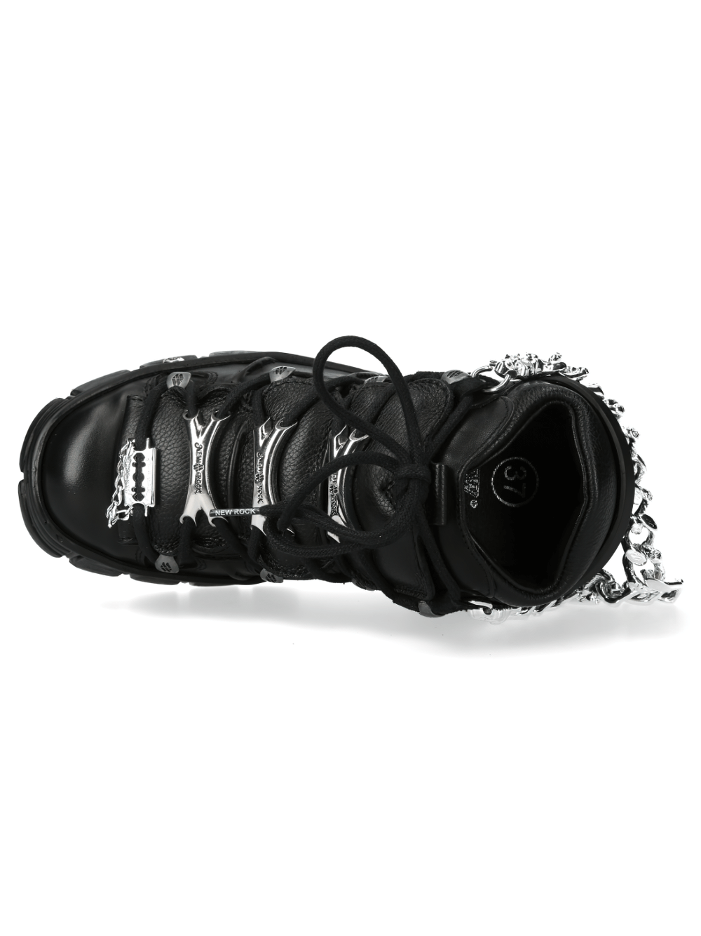 Top view of NEW ROCK Metallic Chain-Link Punk Ankle Boots with bold metal accents and lace-up design.