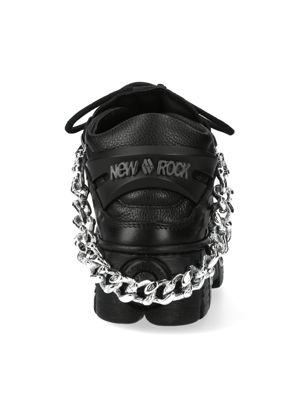 Back view of NEW ROCK metallic chain-link punk ankle boots with black leather and bold silver chain accents.