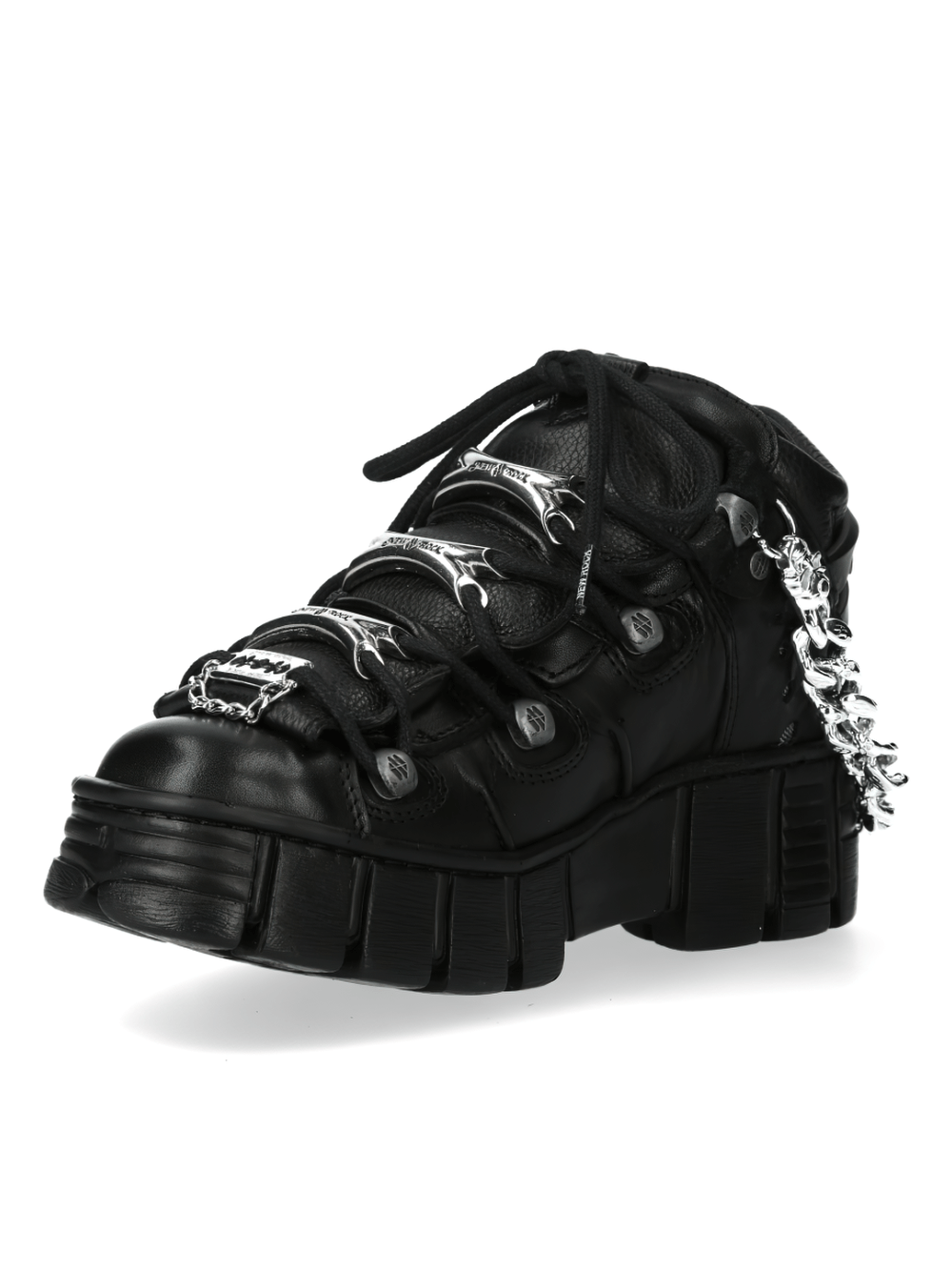 NEW ROCK Metallic Chain-Link Black Ankle Boots with bold metal accents and gothic flair.