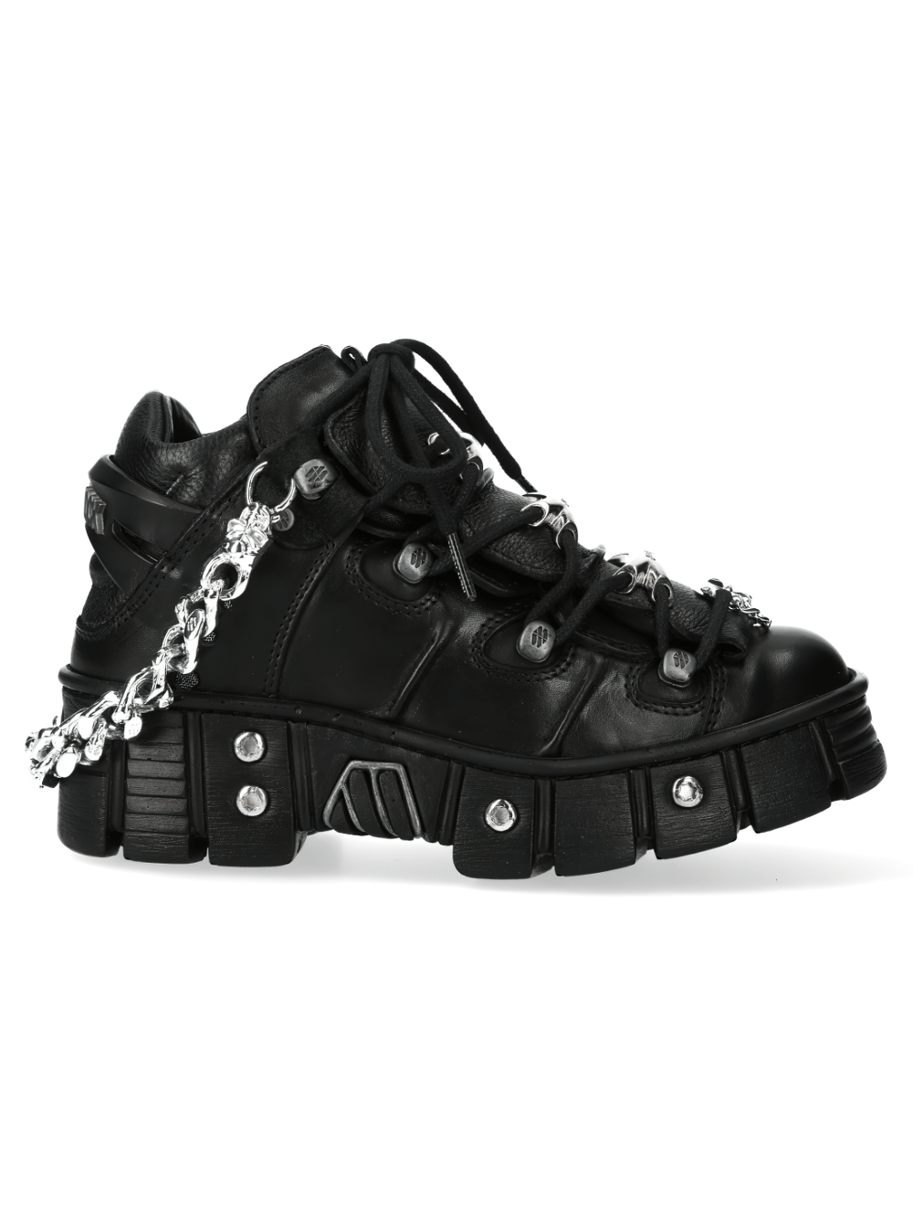 NEW ROCK Metallic Chain-Link Punk Ankle Boots in black leather with metal accents and bold design.