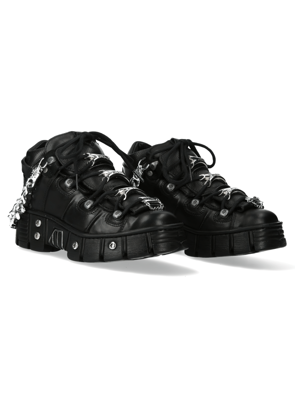 NEW ROCK Metallic Chain-Link Punk Ankle Boots with metal accents and black leather lace-up design.