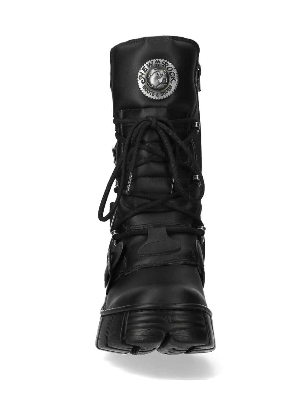 NEW ROCK metallic black platform boots with buckles, perfect for gothic punk fashion and rock aesthetics.