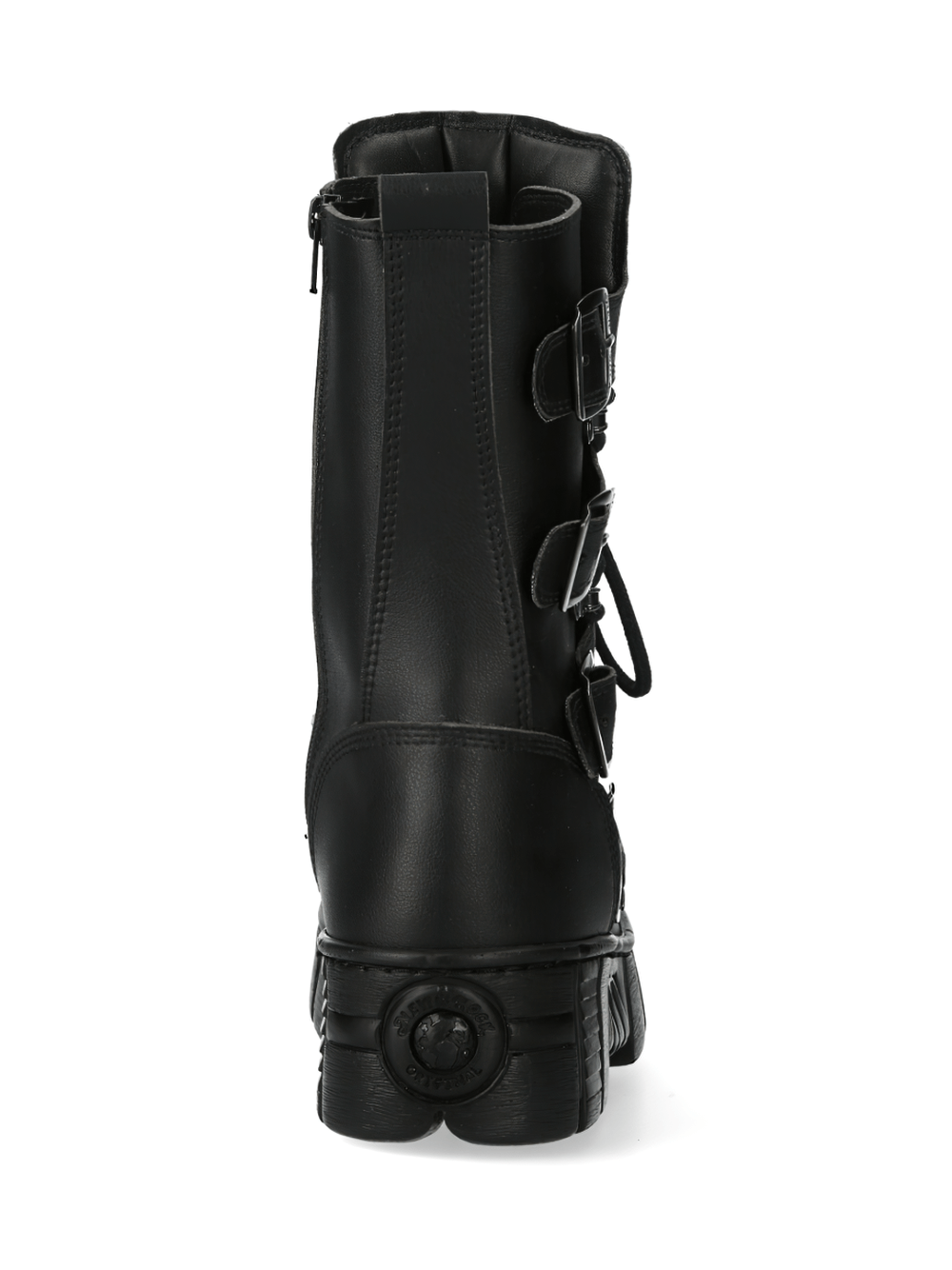 NEW ROCK Metallic Collection Black Platform Boots with buckles, showcasing a gothic punk design from the back.