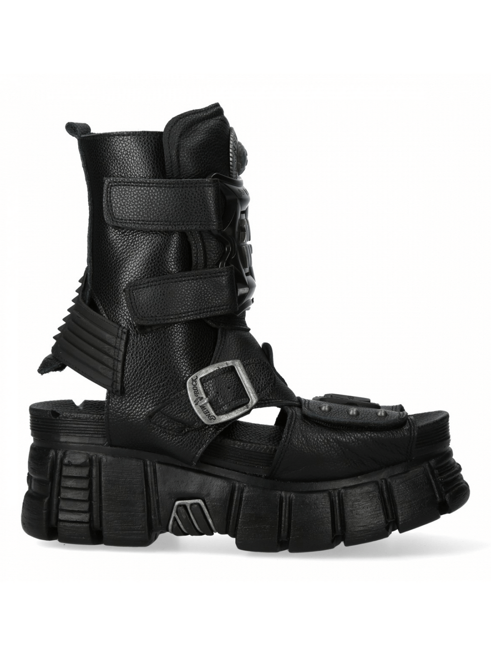 NEW ROCK Men's Black Metallic Punk Rock Sandals with Velcro closures and bold Gothic design.