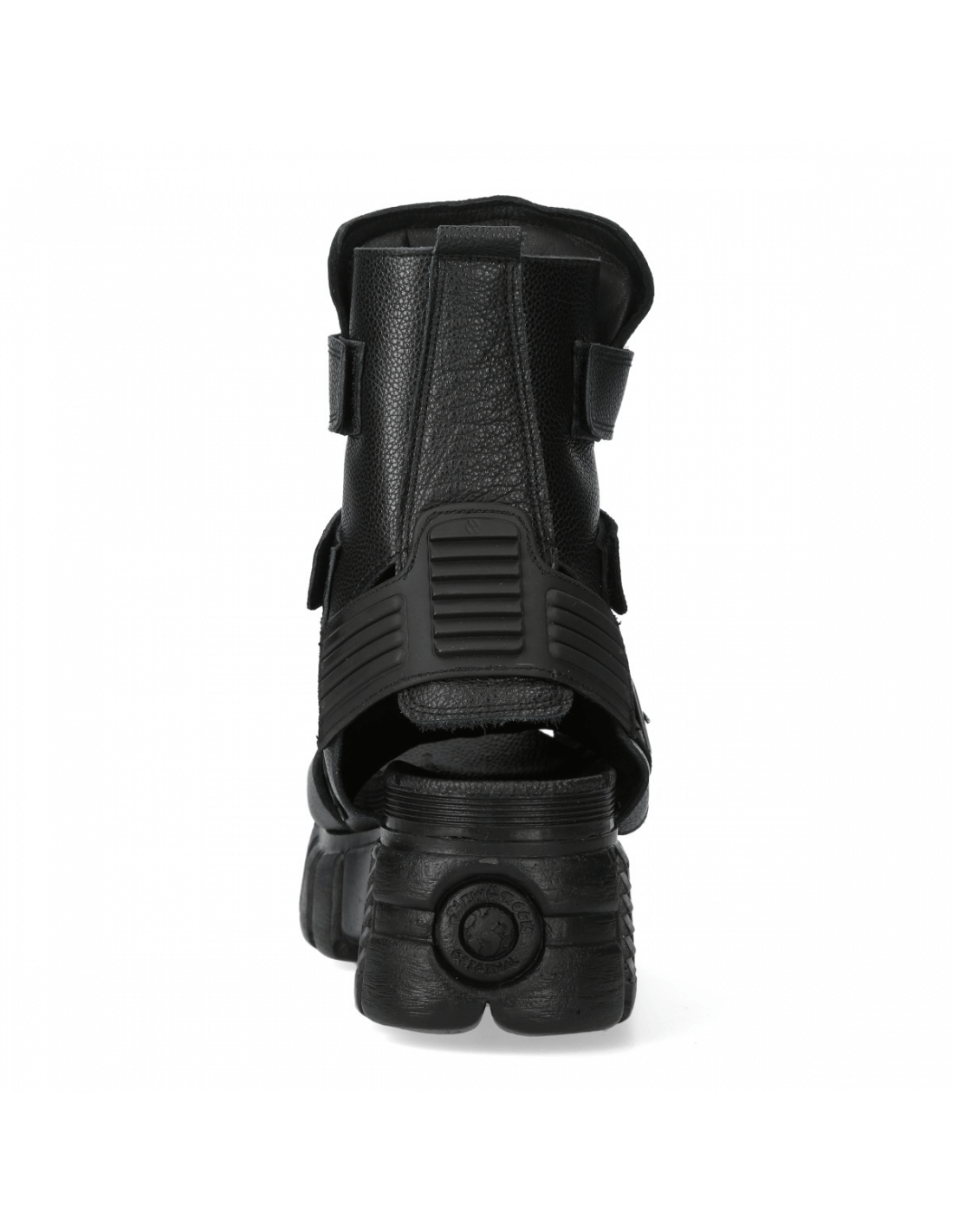 Back view of NEW ROCK Men's Metallic Punk Rock Black Velcro Sandals showcasing unique Gothic design and durable sole.