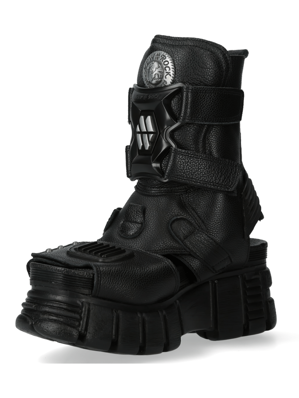 New Rock metallic black Velcro sandals featuring a Gothic design and durable PU sole, perfect for punk rock fashion.
