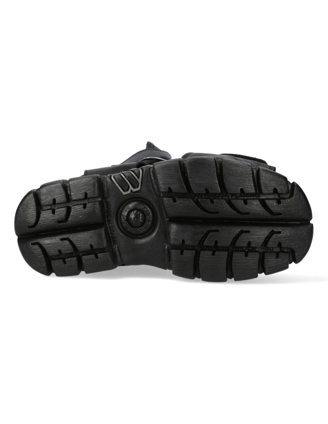 Bottom view of NEW ROCK Men's Black Velcro Sandals showcasing durable PU sole and unique tread design.