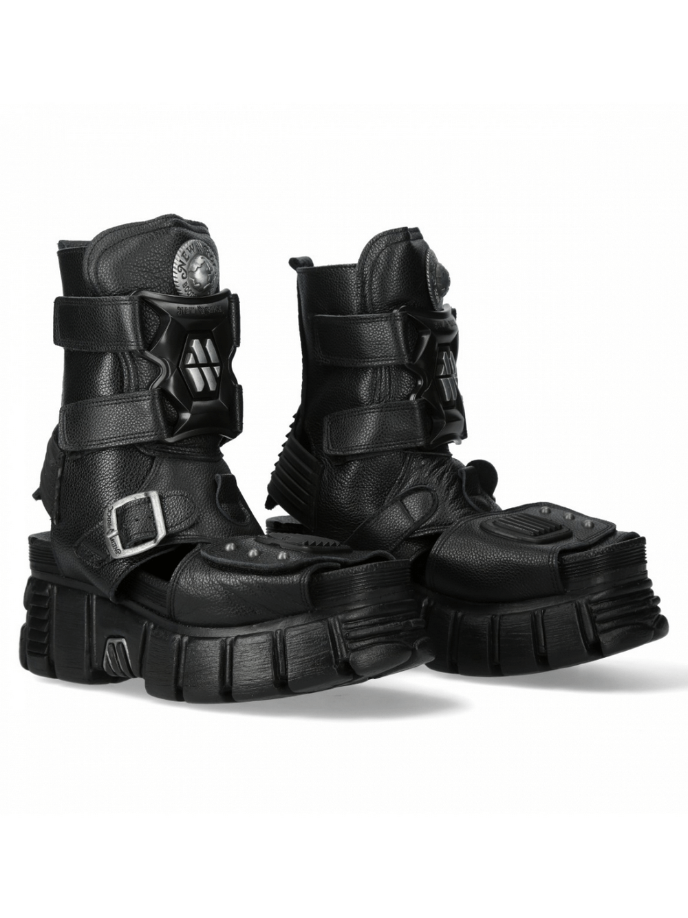 NEW ROCK Men's Metallic Punk Rock Black Velcro Sandals with Gothic design and durable sole.
