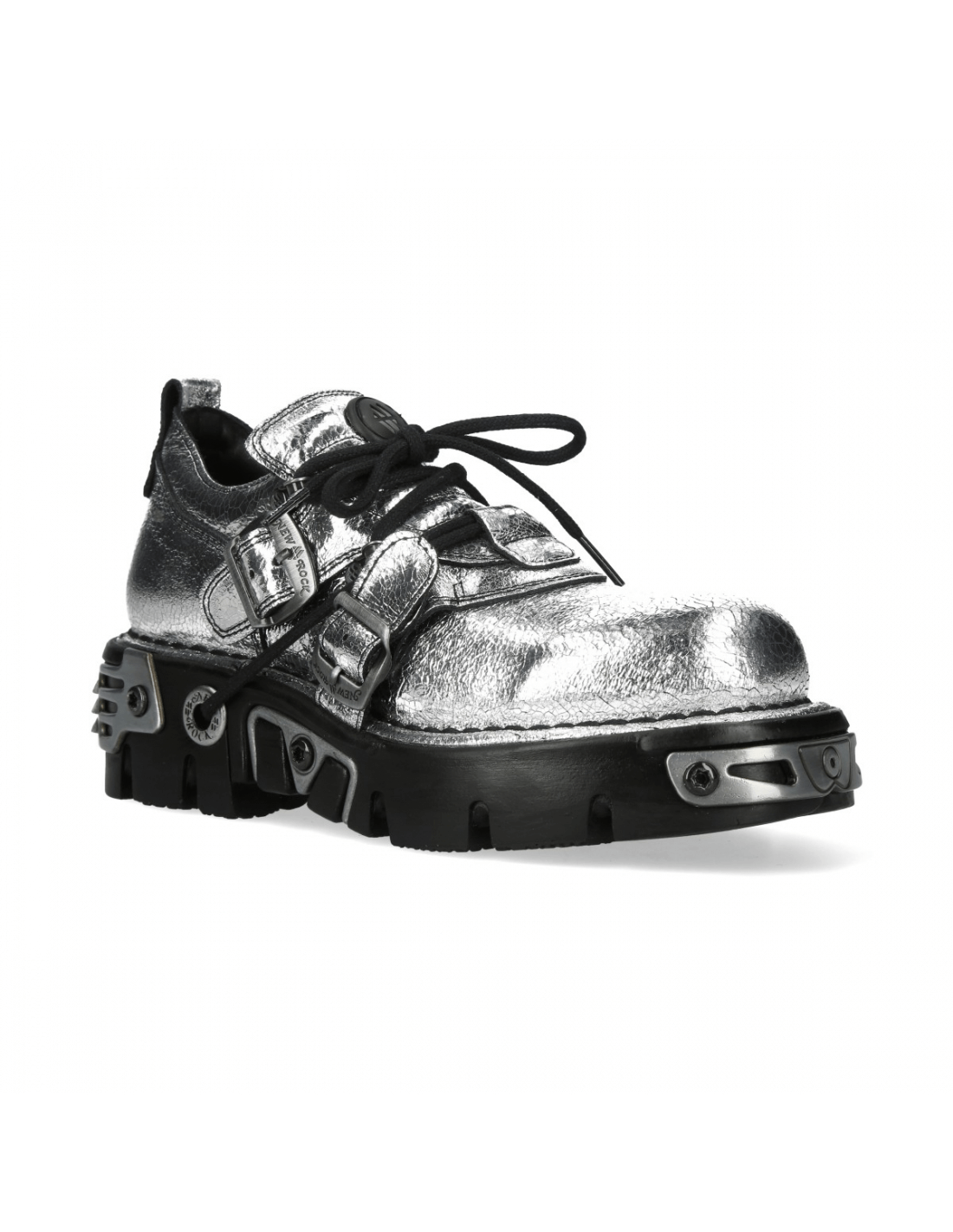 NEW ROCK Men's metallic punk rock lace-up shoes featuring eye-catching buckles and a flat rubber sole.