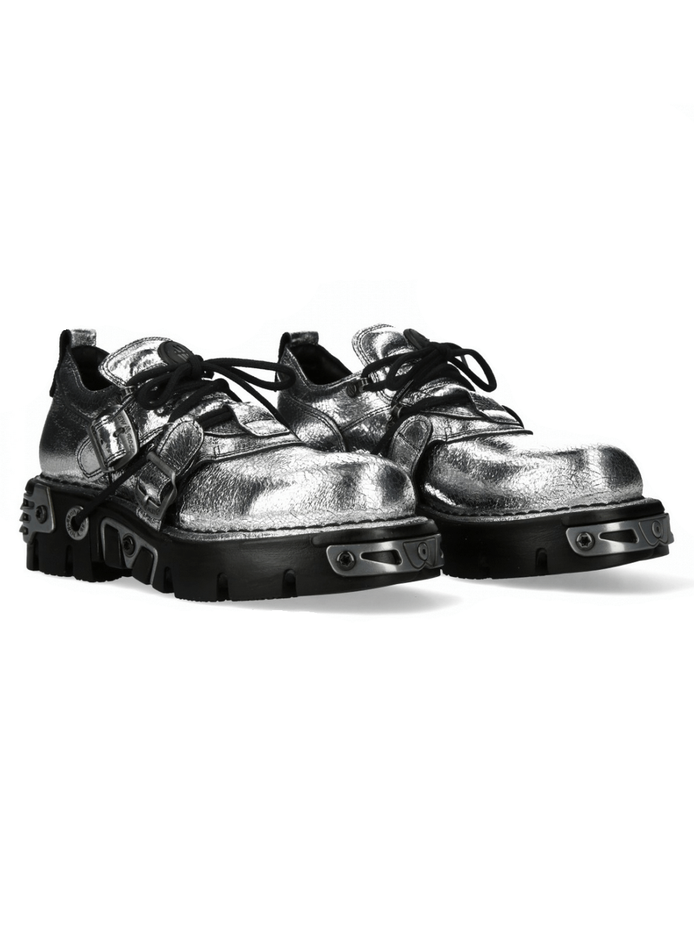 NEW ROCK Men's metallic punk rock lace-up shoes with buckles in silver, showcasing a bold and edgy style.