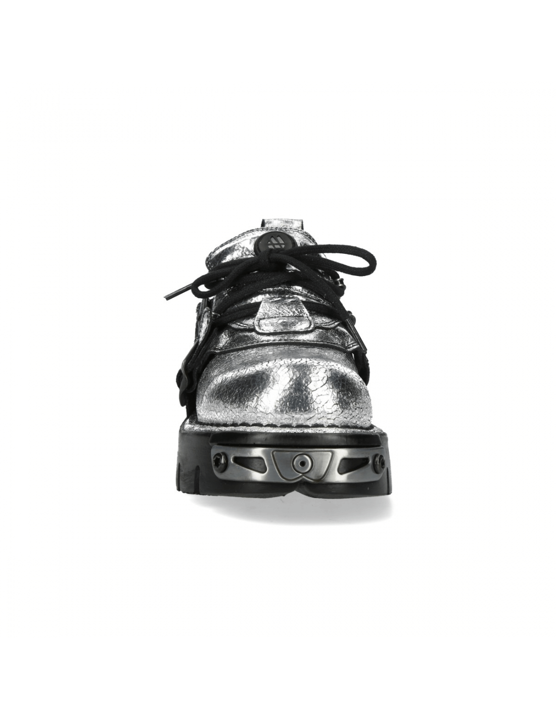 Front view of NEW ROCK metallic silver punk rock lace-up shoes with buckles and durable rubber sole.