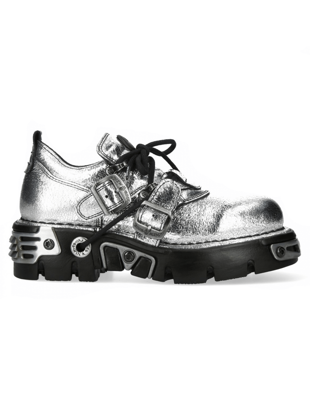Silver metallic punk rock lace-up shoes with buckle details for men, stylish and edgy flat footwear.